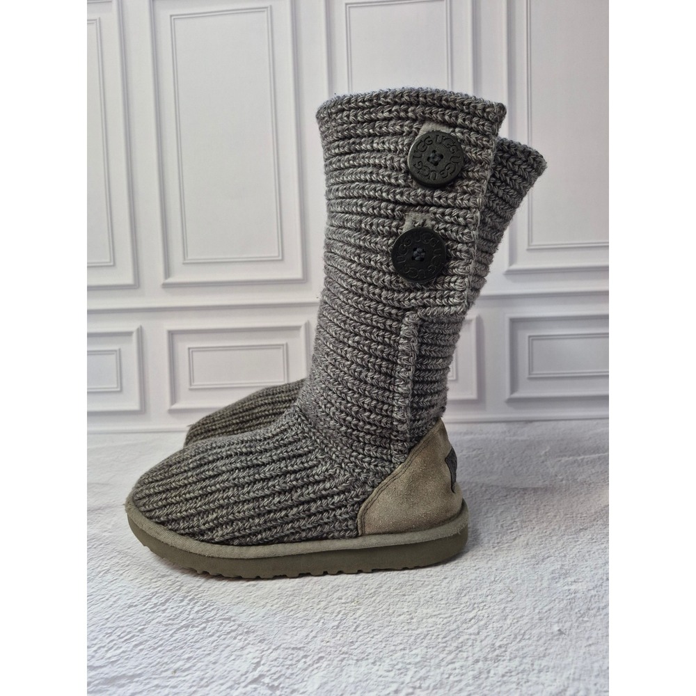 UGG Classic Cardy Boots Girls Size 3 Grey Knit Suede Button Cozy